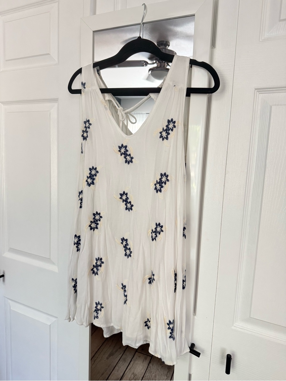 Sadie & Sage White Mini Dress with Navy Floral Embroidery